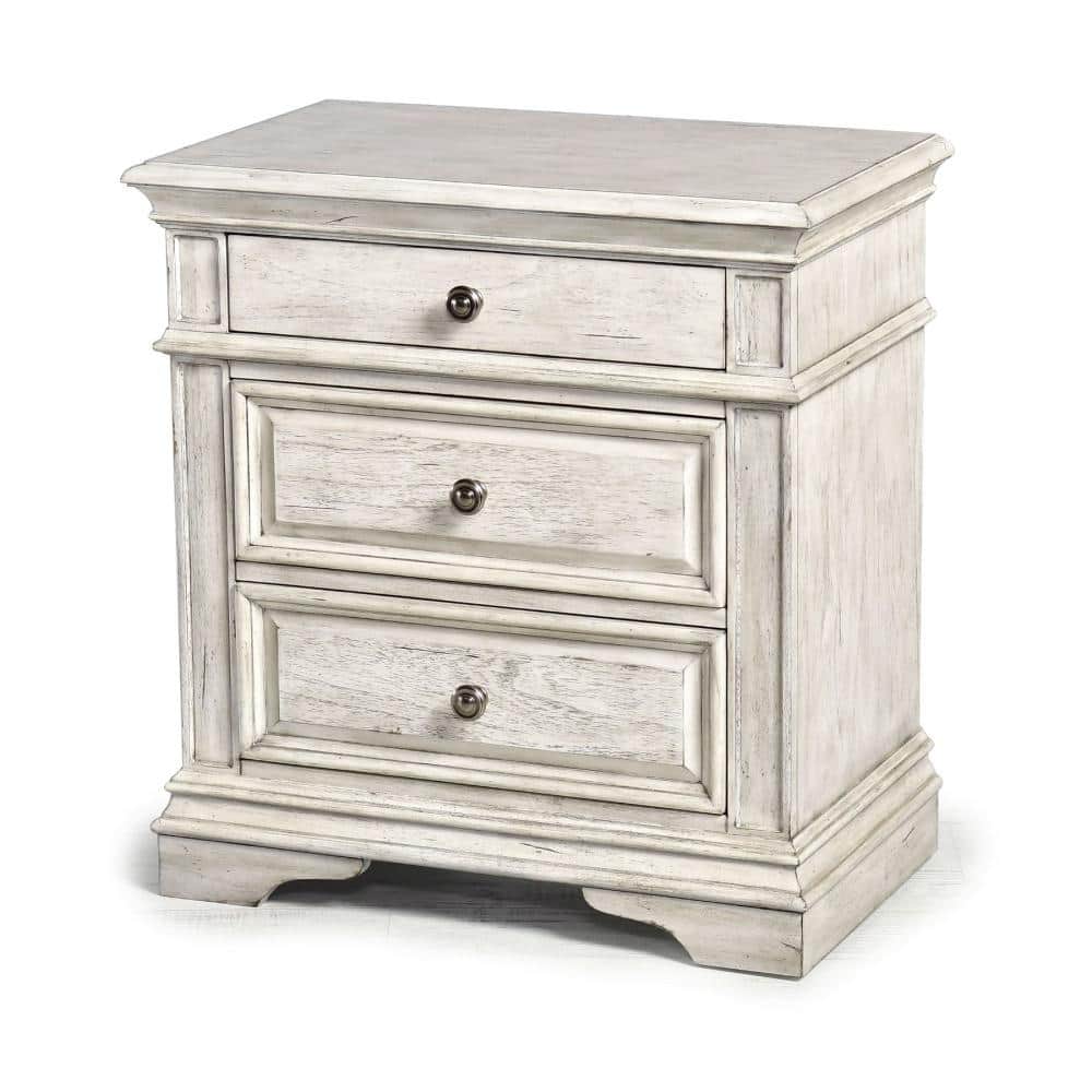 Highland Park Transitional 3-Drawer Nightstand in Distressed Ivory