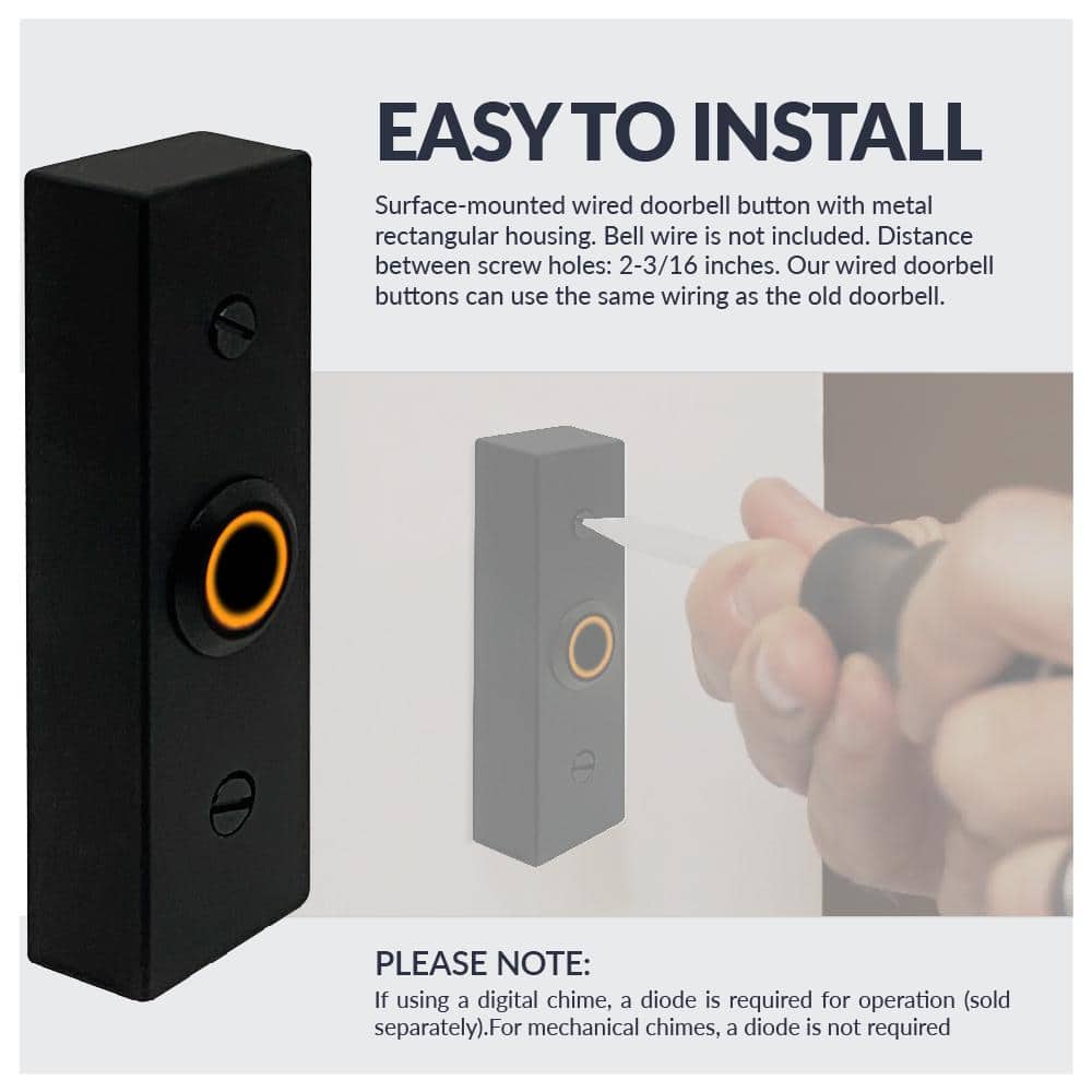 Black Rectangular Lighted Wired Metal Doorbell Button