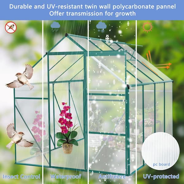 Unbranded 6 ft. D x 8 ft. W Aluminum Outdoor Patio Greenhouse is made of thick aluminum and covers 48 sq ft. green