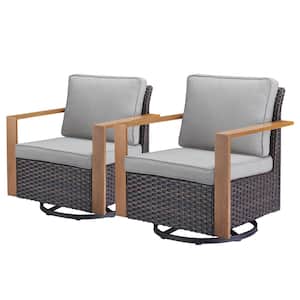 Rectangular Framed Armrest Swivel Brown Wicker Outdoor Rocking Chair with CushionGuard Gray Cushions Patio (Set 2-Pack)