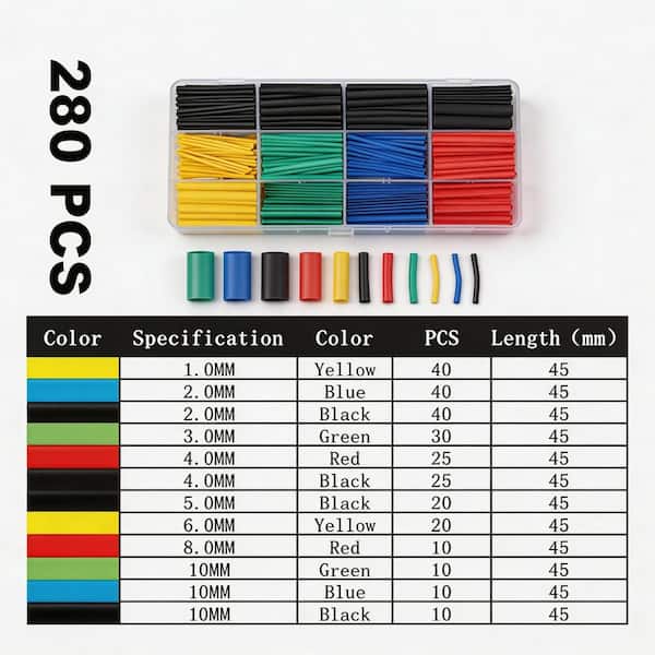 Industrial Grade 2:1 Heat Shrink Tubing Kit, Waterproof Electrical Wire Wrap, 8 Sizes (3/64 in.–1/2 in.), 280-Pack