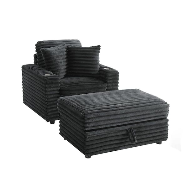 Uixe Dark Gray Faux Rabbit Fur Polyester Fabric Upholstered Accent Arm Chair with Storage Ottoman and Plastic Legs (Set of 1)