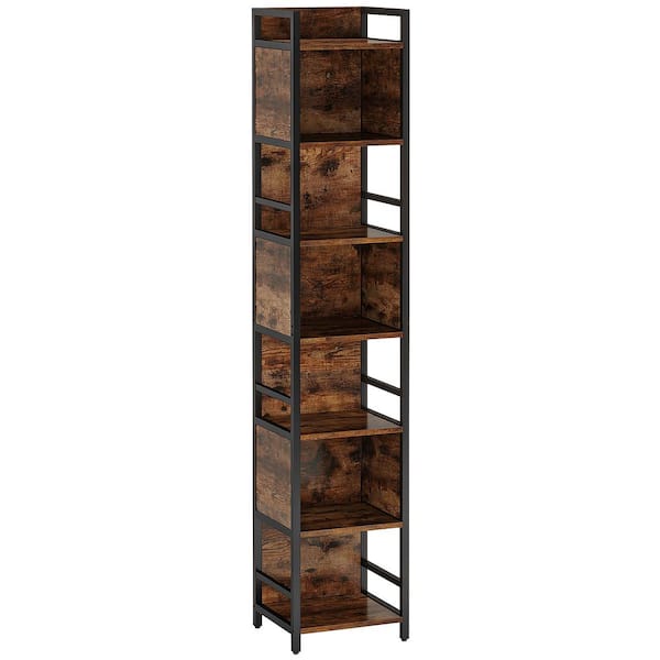 TRIBESIGNS WAY TO ORIGIN Frailey 78 in. Tall Brown Wood 7-Shelf Standard Bookcase LED Corner Square Narrow Storage Rack Etagere Book Shelves