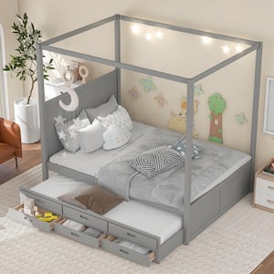Gray Wooden Frame Queen Size Canopy Bed PlatformBed with Twin Size Trundle and Three Drawers for Kids, Teens, Adults