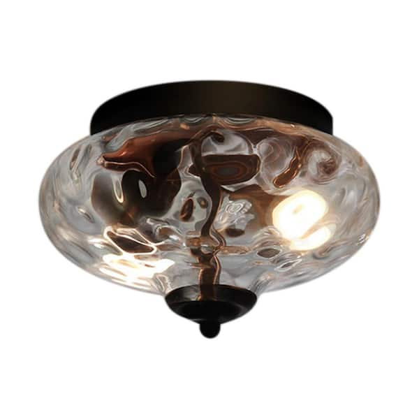 HUOKU Lumin 9 in. 2-Light Black Flush Mount with Empire Clear Hammered/Water Ripple/Crystal Glass Shade