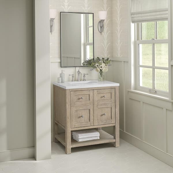 James Martin Vanities Breckenridge 30 in. W x 23.5 in. D x 34.18 in. H Single Bathroom Vanity Whitewashed Oak & Arctic Fall Solid Surface Top