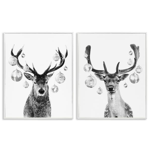 Black and White Disco Deer by Victoria Barnes 2 Piece White Framed Giclee Animal Art Print 30 in. x 24 in.
