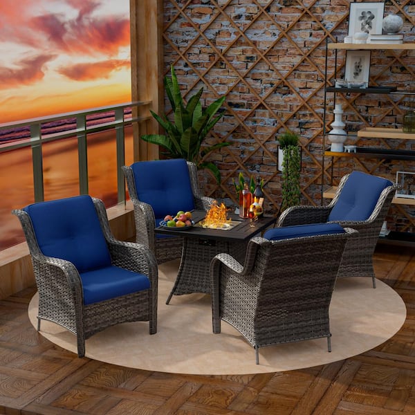 MeetLeisure 5-Piece 4-Seat Rattan Wicker Patio Conversation Set with Blue Cushions and Fire Pit Table