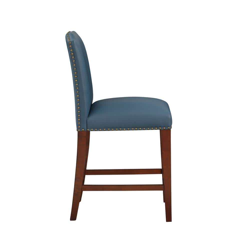 Blue Faux Leather and Wood Counter Stool with Nailhead Trim