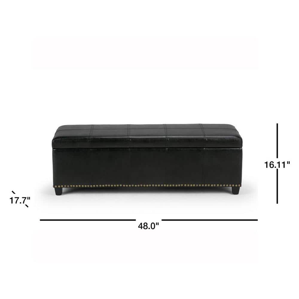 Midnight Black Bonded Leather Large Rectangular Storage Ottoman Bench