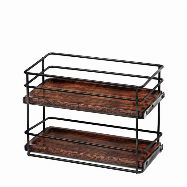 2 Tier Metal Coffee Syrup Rack Organizer with 6 Bottle Capacity and Rustic Wood Base for Countertop Bar
