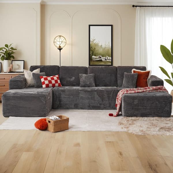 Allwex 130 in. Square Arm Modern 8-Piece Plush Corduroy U