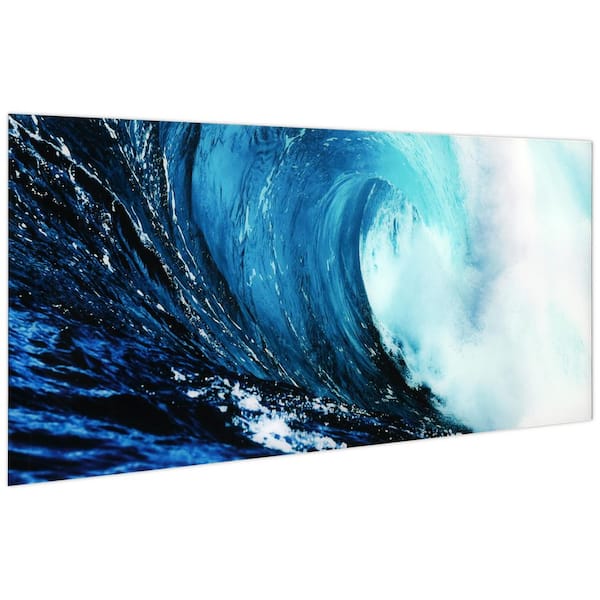 24 in. x 63 in. "Blue Wave 2" Frameless Free Floating Tempered Glass Panel Graphic Wall Art