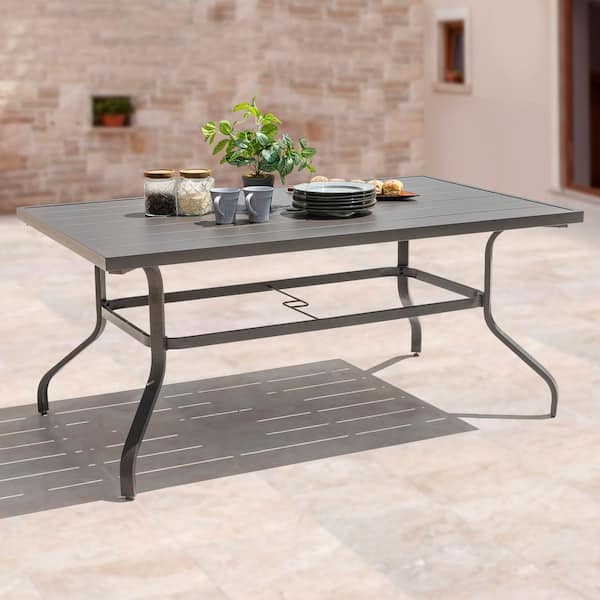 Gray Rectangle Powder-Coated Iron 61 in. x 37 in. Outdoor Dining Table with 1.57 in. Umbrella Hole