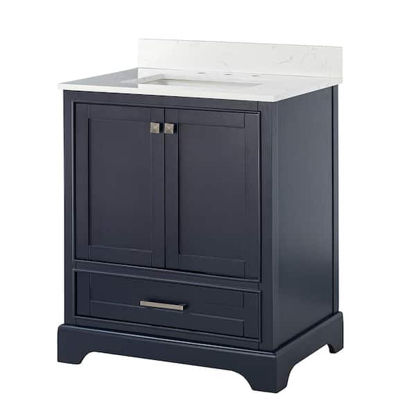 30 in. W x 22 in. D x 35.6 in. H One Sink Bath Vanity in Navy with White Marble Top Sink