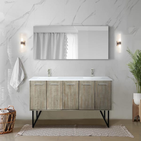 Lexora Lancy 60 in W x 20 in D Rustic Acacia Double Bath Vanity, White Quartz Top and 55 in Mirror