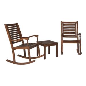 Dark Brown 3-Piece Acacia Wood Traditional Rocking Chair Outdoor Chat Set with Slatted Square Side Table