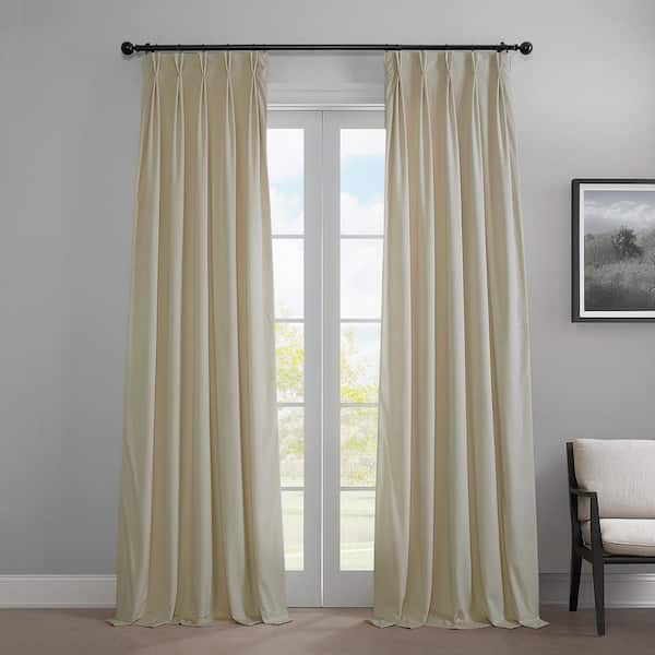 Au Lait Creme Pleated Curtains Heritage Plush Velvet 25 in. W x 108 in. L Velvet Room Darkening Curtain (Single Panel)