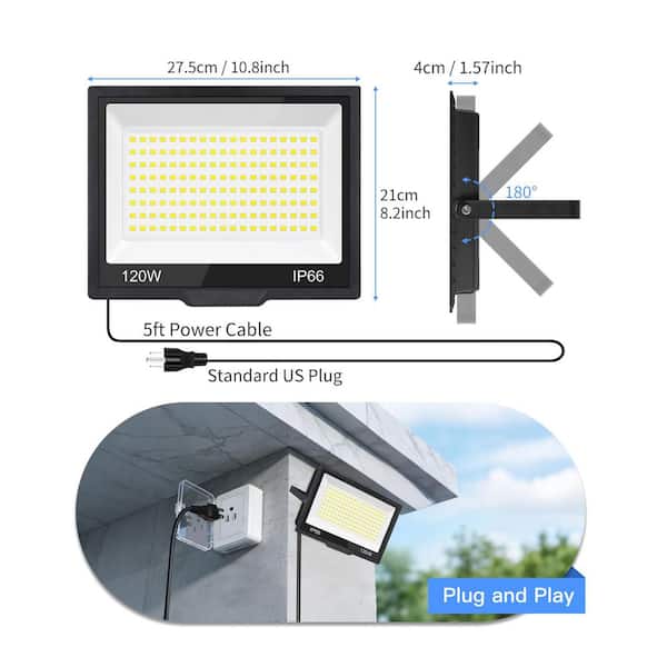 120-Watt Black Plug-In Integrated LED Landscape Flood Light Adjustable IP66 Waterproof Security Light (2-Pack)