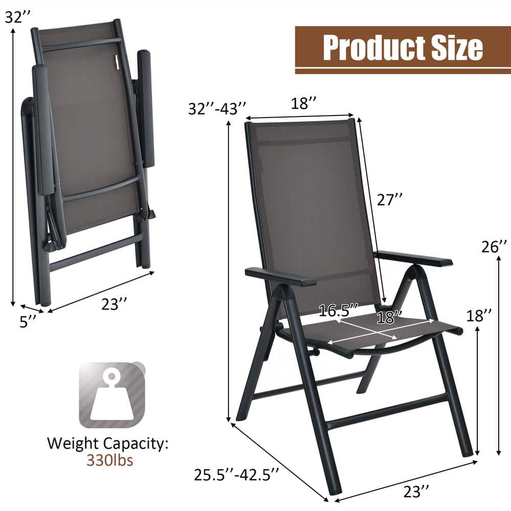 Gray Aluminum Folding Dining Chairs with Adjustable Reclining Backrest, Set of 2