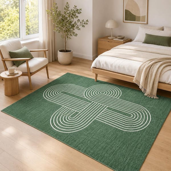 Green 8 ft. x 10 ft. Washable, Abstract Rainbow Concentric Pattern, Soft Pearl Velvet Non-Slip Carpetf, Indoor Area Rug
