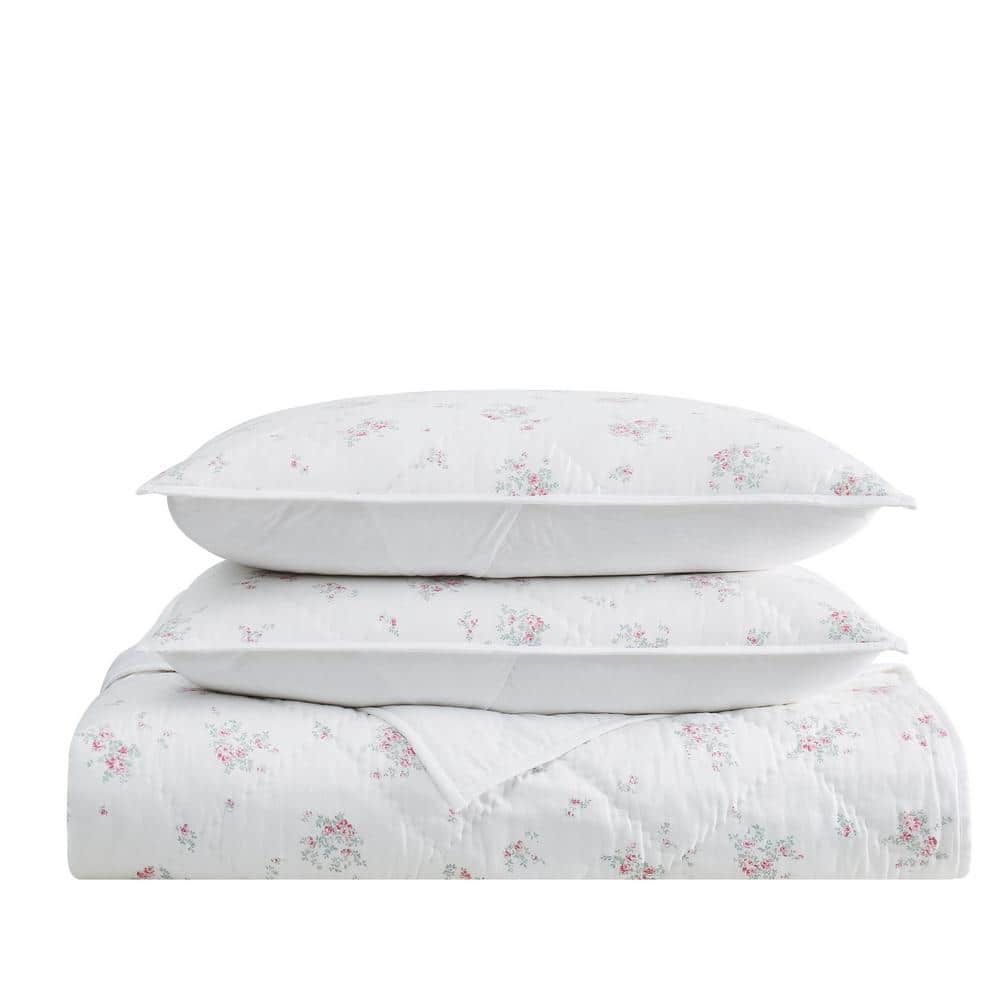 White and Pink Floral Cotton Twin XL Quilt Set