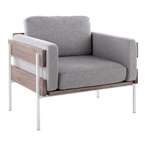 Kari Light Grey Fabric, Grey Wood and White Metal Arm Chair