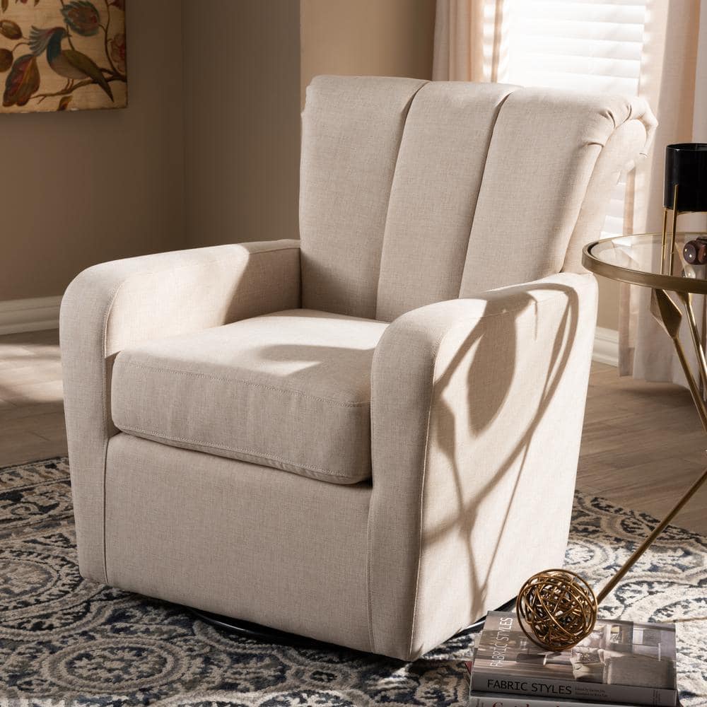 Beige Channel-Tufted Leather Swivel Accent Chair with Manufactured Wood