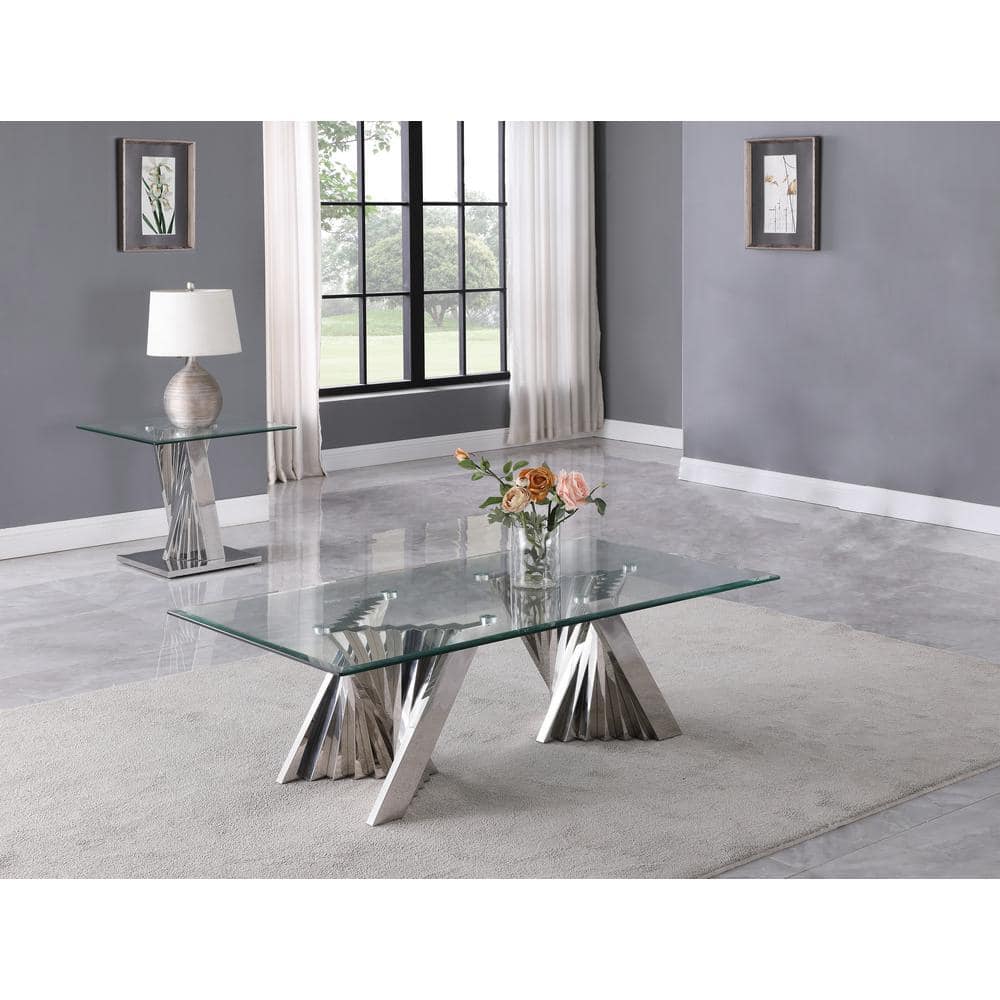 55" Glass Coffee Table and End Table Set with Stainless Steel Base