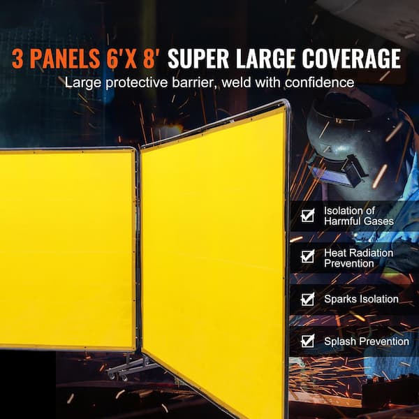 Welding Screen with Frame 6 ft. x 8 ft. 3-Panel Welding Curtain Screens Flame-Resistant on 12-Swivel Wheels Yellow