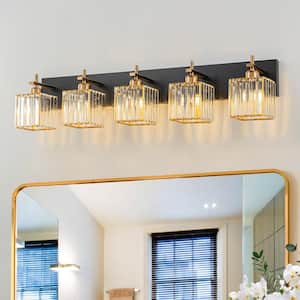 Orillia 35.4 in. 5-Light Black and Gold Bathroom Vanity Light with Square Shape Crystal Shade Wall Sconce Over Mirror