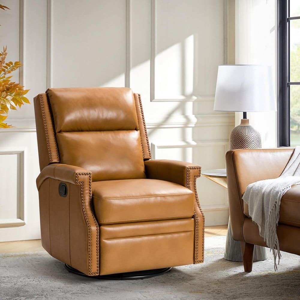 JAYDEN CREATION Dryope Camel Genuine Leather Swivel Rocker