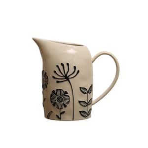 62 fl. oz. Beige and Black Hand-Painted Stoneware Pitchers with Embossed Flowers