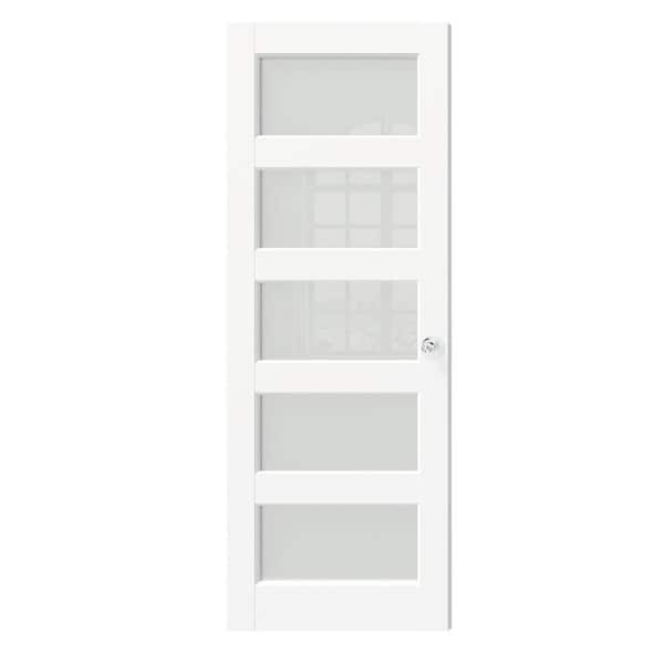 TENONER 30 in. x 80 in. MDF Composite, Primed, White, 5 Lite, Frosted Glass Interior Door Slab with Silver Sphere Doorknob