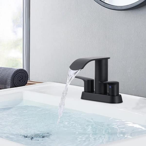 4 in. Centerset Double Handle Waterfall Bathroom Faucet with Drain Kit Included in Matte Black