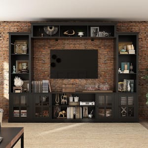 Entertainment Wall Unit with Bridge, Modern Console Table, TV Stand Fits TV's up to 66 in., with Glass Door, Black