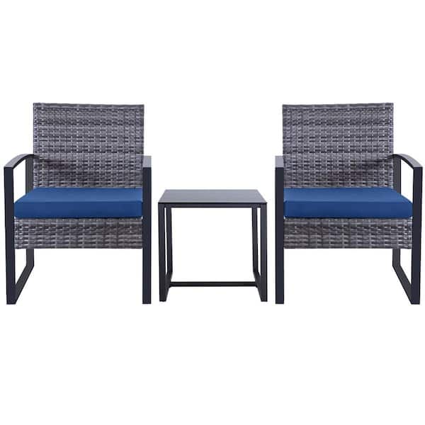 3 Pieces PE Wicker Metal Outdoor Conversation Set with Blue Cushions and Table