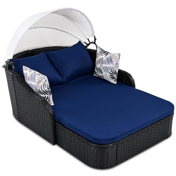 Black Wicker Outdoor Chaise Lounge Day Bed with Blue Cushions, Adjustable Canopy and 4 Pillows