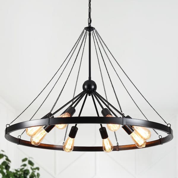 ADSENSTY 8-Light Large Black Wagon Wheel Satellite Ball Chandelier Modern Farmhouse Pendant Light for Living Room