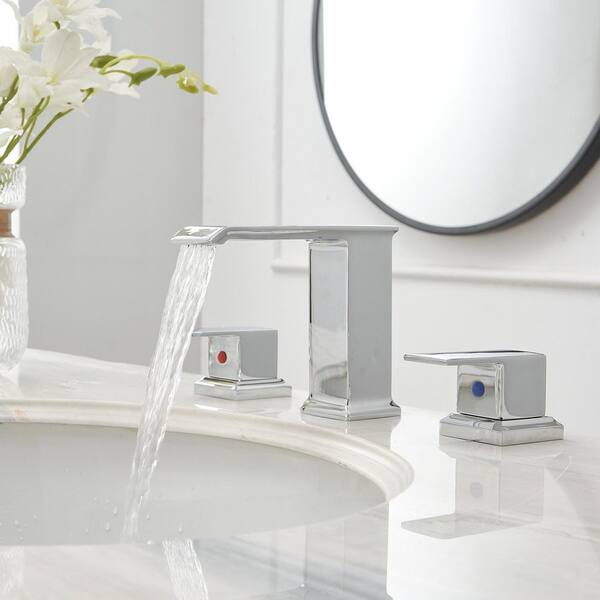 8 in. Widespread Double Handle Bathroom Faucet with Drain Kit Included in Polished Chrome