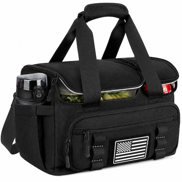 Black Insulated Lunch Bag with Dual Hot and Cold Compartments, 15L Leakproof Adult Cooler for Work, Outdoor