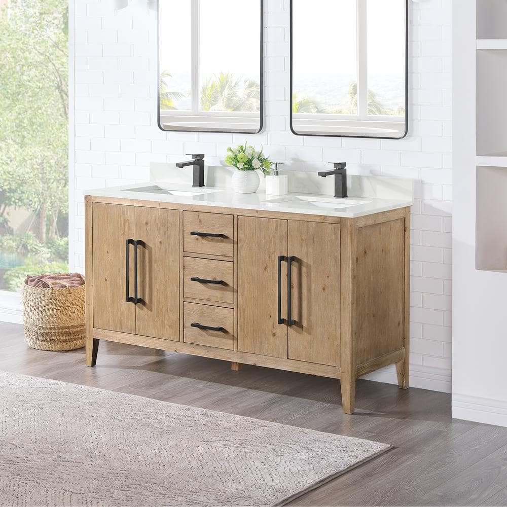Weathered Fir Double Sink Freestanding Vanity with Quartz Top