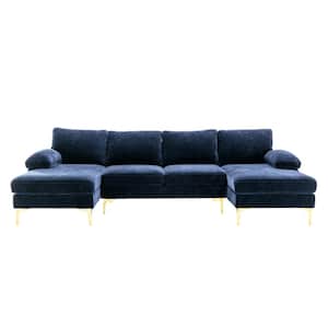 110 in. Square Arm 3-Piece Velvet U-Shaped Sectional Sofa in Navy Blue with Chaise