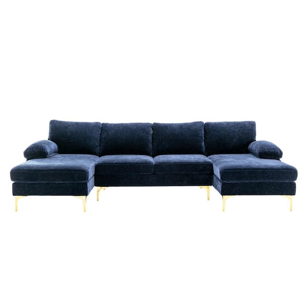 HOMEFUN 110 in. Square Arm 3-Piece Velvet U-Shaped Sectional Sofa in Navy Blue with Chaise