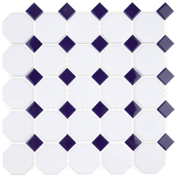 Metro Octagon Matte White with Cobalt Dot 5 in. x 5 in. Porcelain Mosaic Take Home Tile Sample