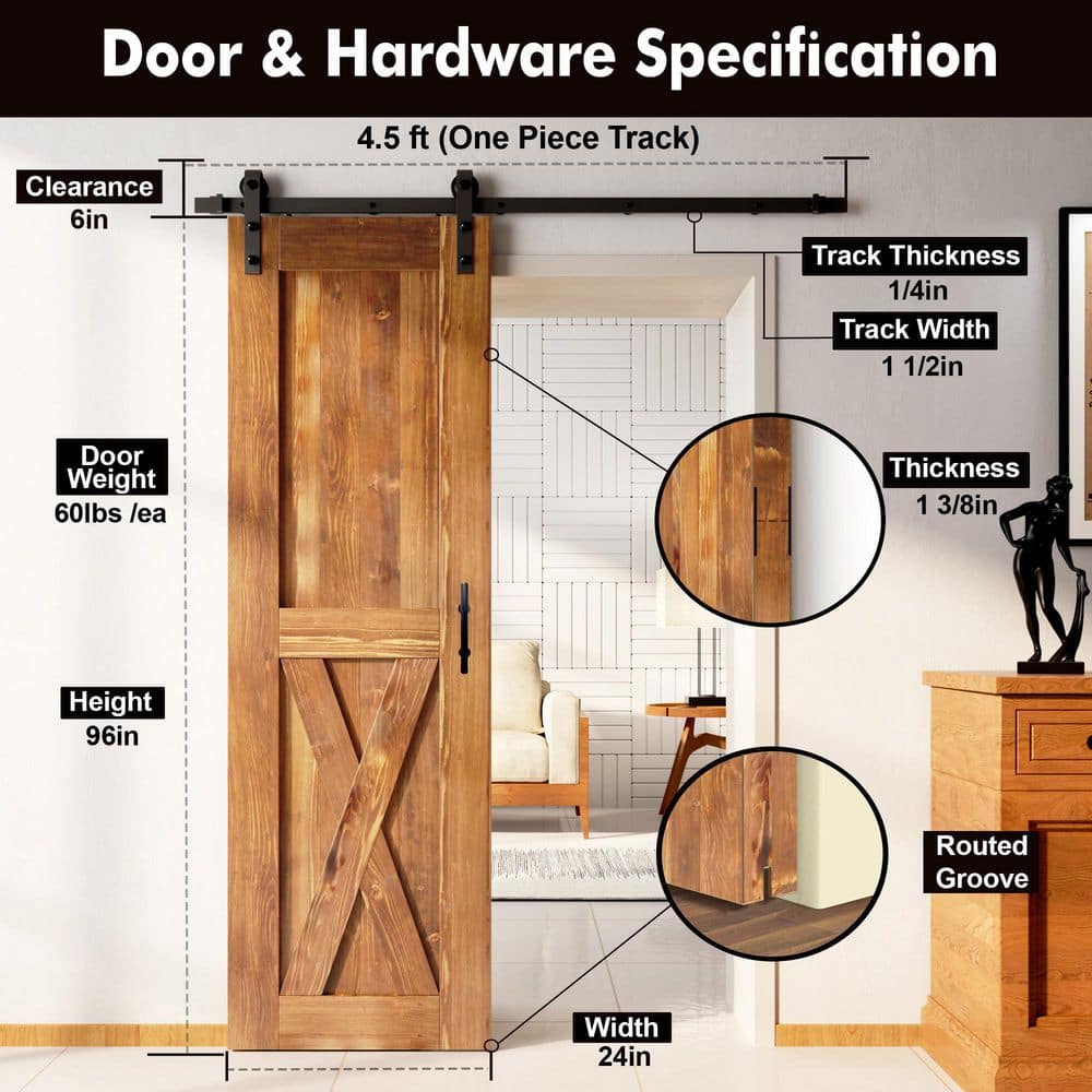 96-inch Brown Pine X-Panel Barn Door with Black Hardware