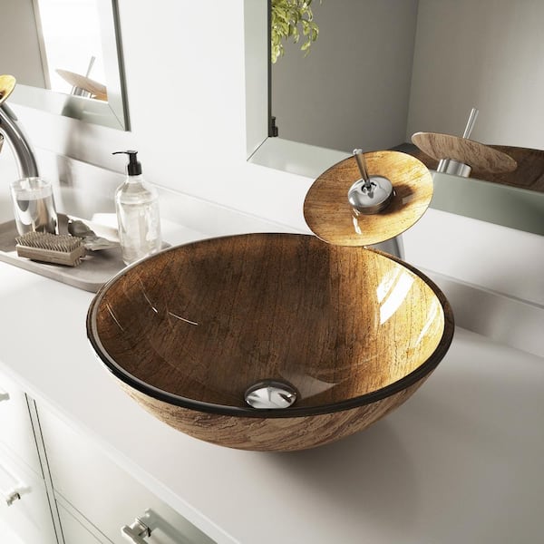 VIGO Giovanni Amber Sunset Glass 17 in. L x 17 in. W x 6 in. H Round Vessel Bathroom Sink