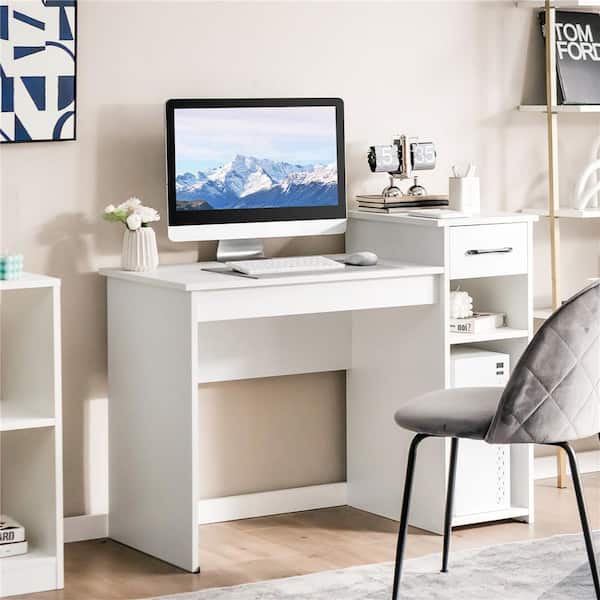 Tangkula White Desk with Storage Drawer & Shelves, Compact Desk for Small  Space, Modern Wooden Study Desk Writing Desk with Storage Drawer 