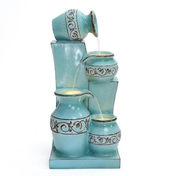 Light Blue 4-Tier Ornate Jugs 2.5 ft. Tall Outdoor Polyresin Cascade Fountain with Lights