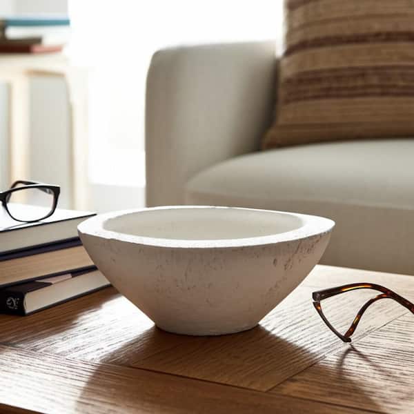 9.75 in. White Pottery Tapered Decorative Bowl with Rough Finish